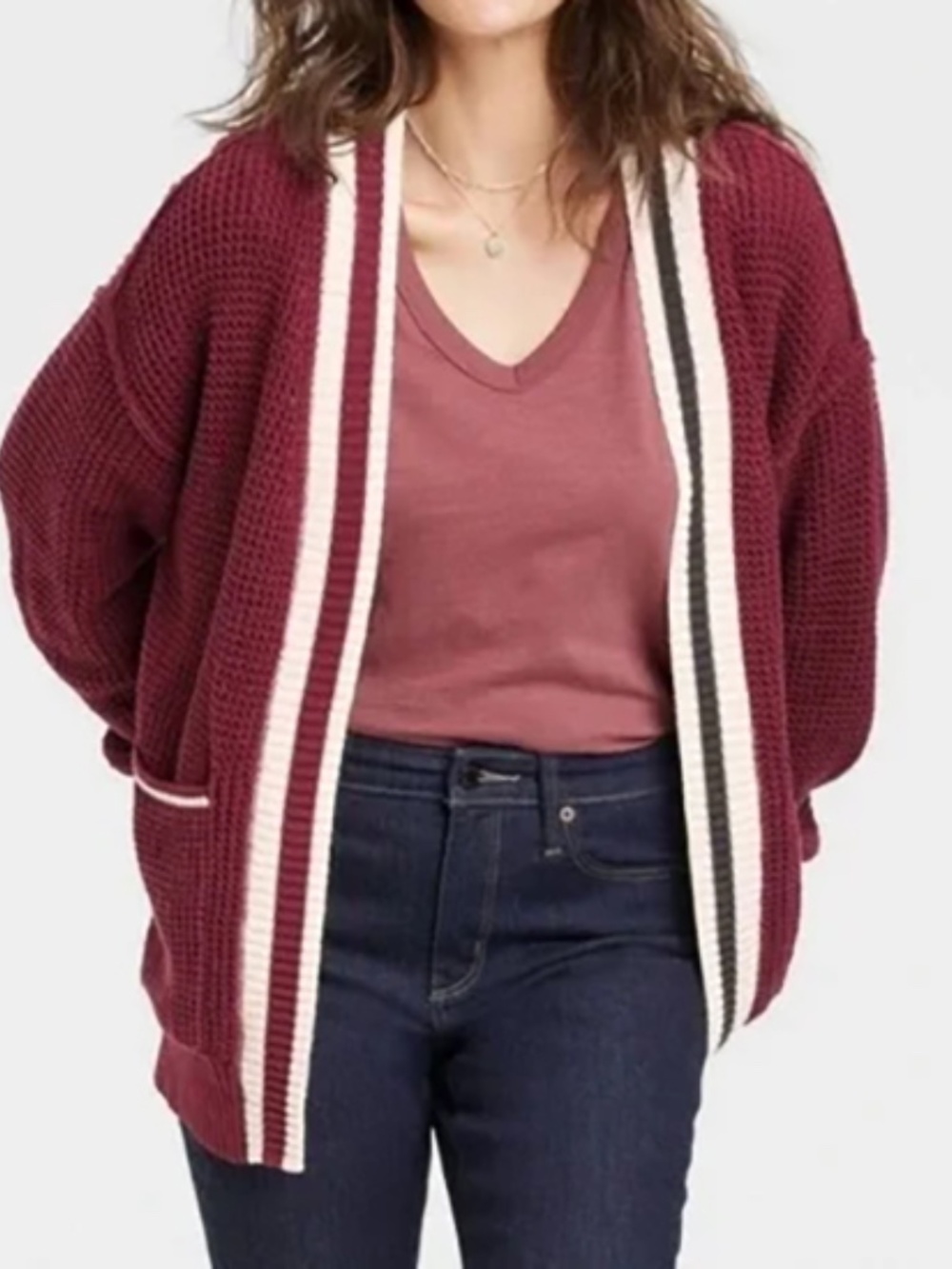 Universal Thread | Open Front Cardigan | Burgundy Stripe Trim Cozy | Large
